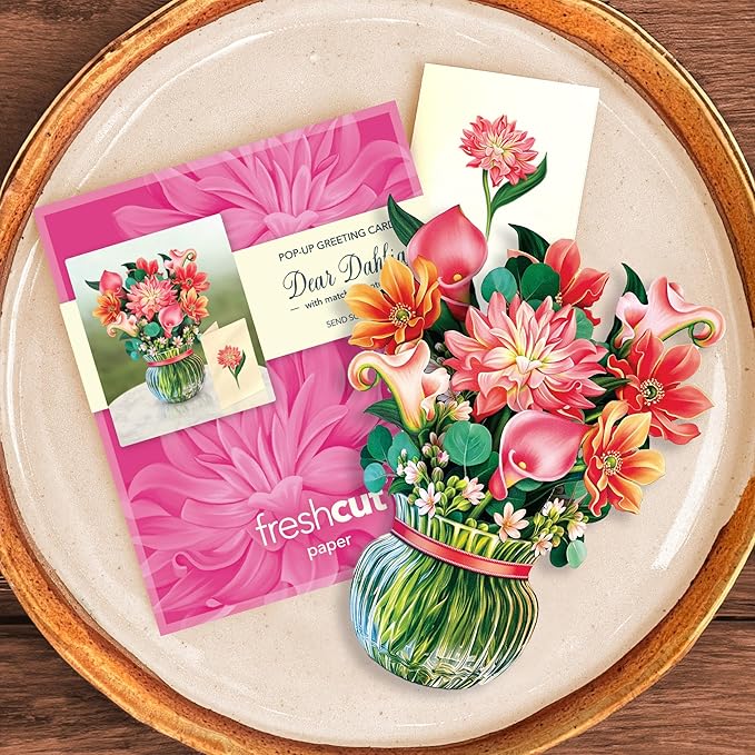 Freshcut Paper Pop Up Cards, Mini Dear Dahlia, 6 Inch Mini Sized Forever Flower Bouquet 3D Popup Greeting Cards, Birthday Card, Thank You Card, Blank Notecard & Envelope