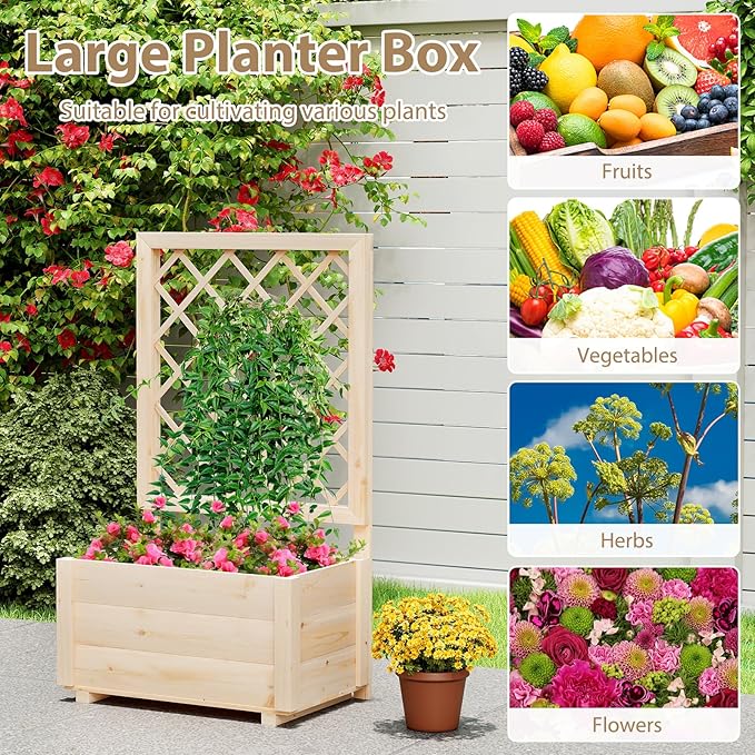 Giantex Set of 2 Raised Garden Bed with Trellis, Drainage Hole, Wood Elevated Planter Box for Climbing Vine Flower Herb Vegetable Fruit, for Indoor Outdoor Patio Balcony (23”x14”x40”)