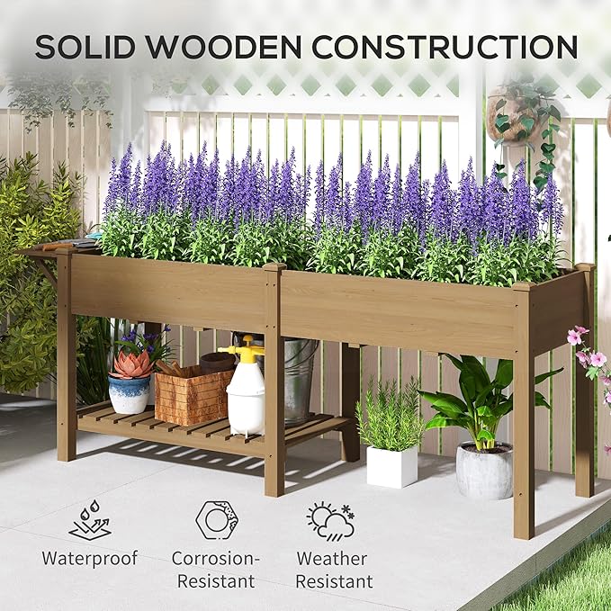 Outsunny Raised Garden Bed, Wood Elevated Planter Box with Side Table, Bottom Shelf, Outdoor Raised Planter with Bed Liners, Drainage Holes for Vegetable Flower, 81.5 x 23 x 31 in, Carbonized Brown