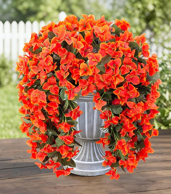 Bougainvillea Artificial Hanging Flowers Plants for Outdoors Decoration, 2pcs Fake Flowers Silk Bougainvillea Vines Realistic UV Resistant Faux Flowers for Outdoor Planters Porch Patio Gardens, Orange