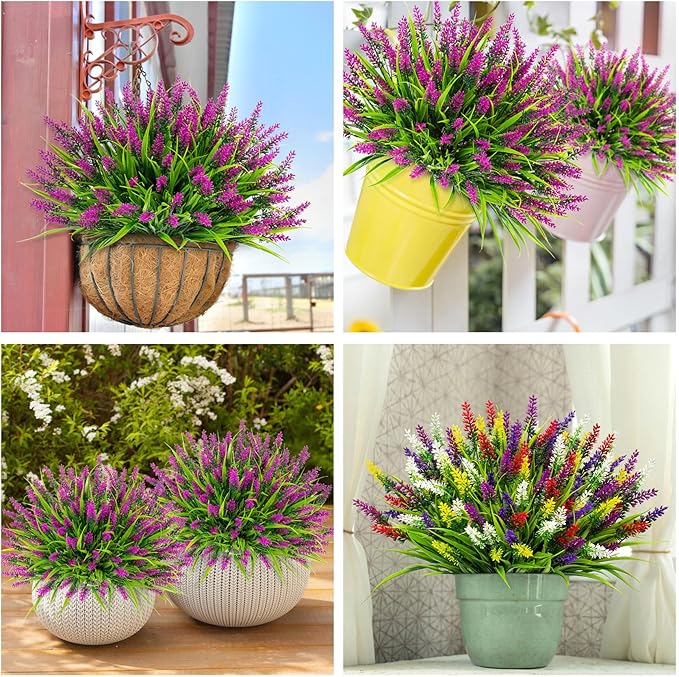 Bassion 24 Bundles Artificial Flowers for Outdoors, Fake Lavender Flowers with Monkey Grass UV Resistant Plastic Faux Plants for Outside Hanging Planter Window Box Garden Patio Front Porch Home Decor
