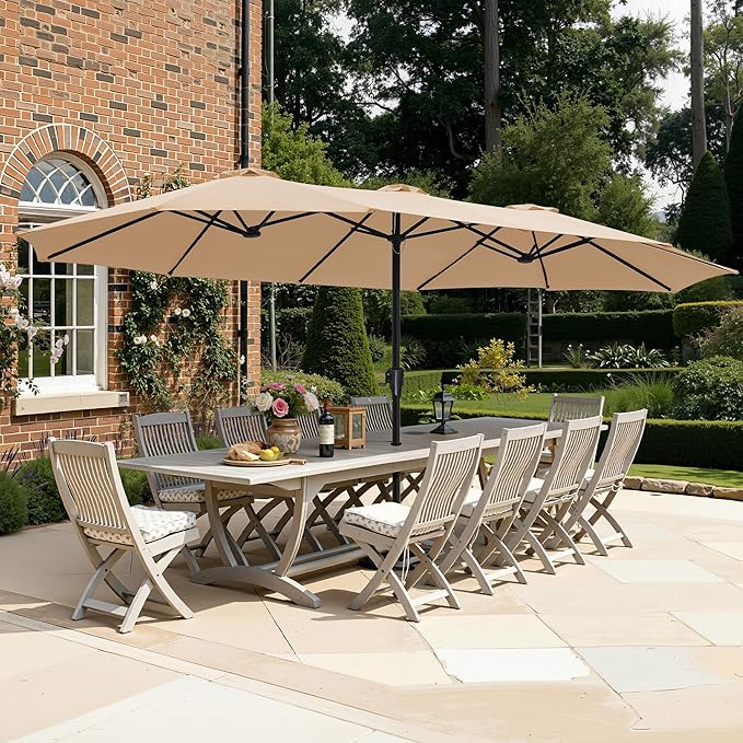 SUPERJARE 15FT Outdoor Umbrella for Patio, Double sided Pool Umbrellas with Fade Resistant Canopy, Large Table Umbrella for Deck, Market, Backyard - Beige(No Base)