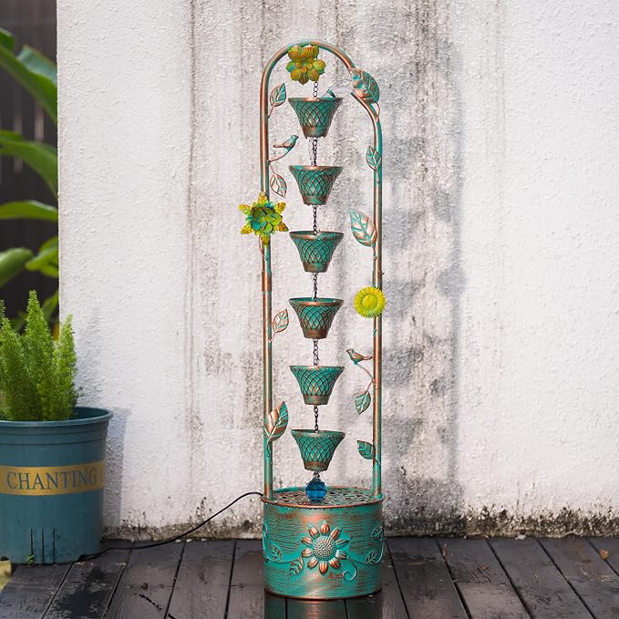 40" H Outdoor Tiered Water Fountain, Vintage Floor Standing Fountains with 6 Hanging Cups, Indoor Cascading Water Fountain Feature for Garden Yard Home Decor