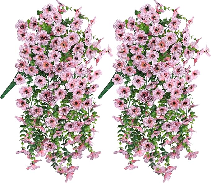 HyeFlora Artificial Flowers for Outdoors Decoration, 2Pcs Pink Fake Hanging Spring Summer Decor, Lifelike Plants, UV & Fading Resistant Flower for Porch Patio Balcony Planter Yard Home Garden
