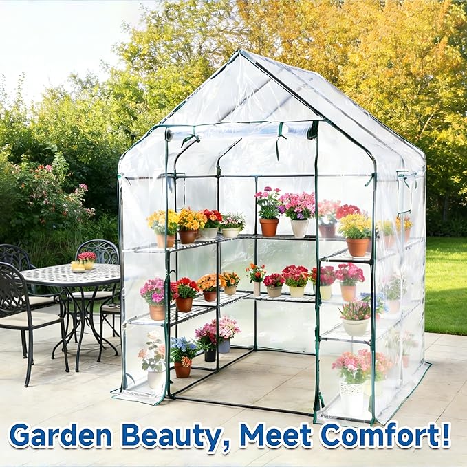 SUNGIFT Greenhouses for Outdoors, Upgraded PVC Cover Walk-in Greenhouse Kit 57x61x80 Inch, Zippered Windows Mesh Door, Plant Garden Hot House for Outside, Clear