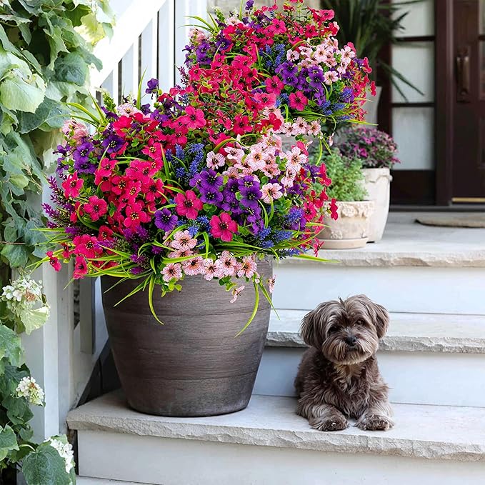 AXYLEX Artificial Flowers for Outdoors Fake Plants - 16 Bundles Faux Outside Greenery Boxwood No Fade Plastic Shrubs Fall Decor Farmhouse Home Garden Thanksgiving Mums (Mix White Purple Pink)