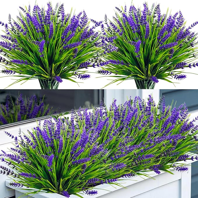 Bassion Artificial Flowers for Outdoors, 12 Bundles Fake Lavender Flowers UV Resistant Plastic Plants Faux Purple Monkey Grass for Home Porch Garden Window Box Indoor Outdoor Decorations