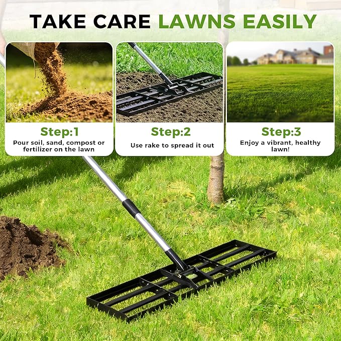 Lawn Leveling Rake, 45"x10" Stainless Steel Lawn Leveler with 76" Adjustable Handle, Heavy-Duty Yard Leveling Rake for Garden, Golf Course, Farm, Pasture, Professional Lawn Care Tool