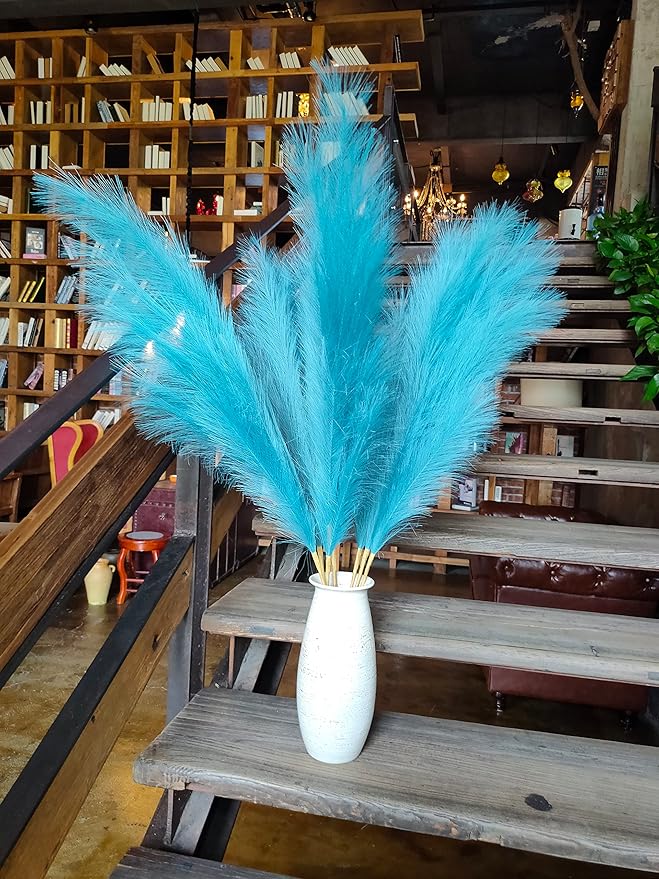 Premium Faux Teal Pampas Grass Decor 8pcs 43.3″ 110cm– Peacock Teal Tall Fluffy Feather Flowers, No Assembly 18-Branch One-Piece Stems for Boho Wedding & Coastal Home Decor, Floor Vase Accent