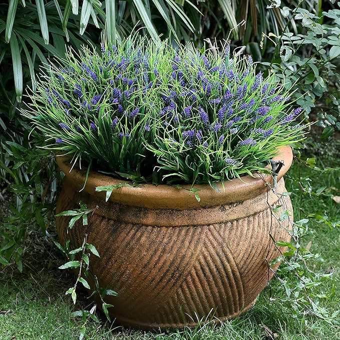 Potted Artificial Plants for Outdoor - 2 Sets Pre-Made Faux Lavender Grass in Pots Large UV Resistant Look Real for Gardens Yards Patios Paths Home Outdoor Decor