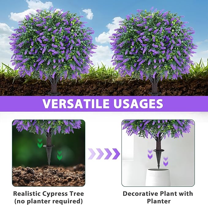 Grooy Artificial Boxwood Topiary Ball with Lavender, Set of 4 Artificial Shrub Bushes with Ground Spike, UV Resistant Fake Evergreen Plant Tree for Porch Outdoor Planters Indoor Valentine's Day