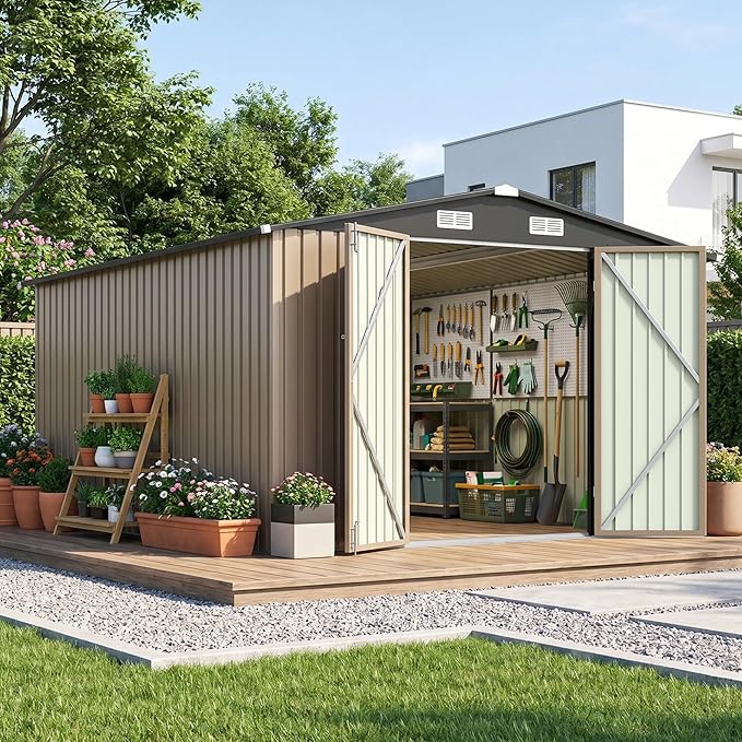Patiowell 10 x 12 FT Outdoor Metal Storage Shed, Heavy-Duty Shed Storage with Lockable Doors and Steel Frame, Utility Tool Outside Large Storage Shed for Garden, Patio, Backyard, Brown