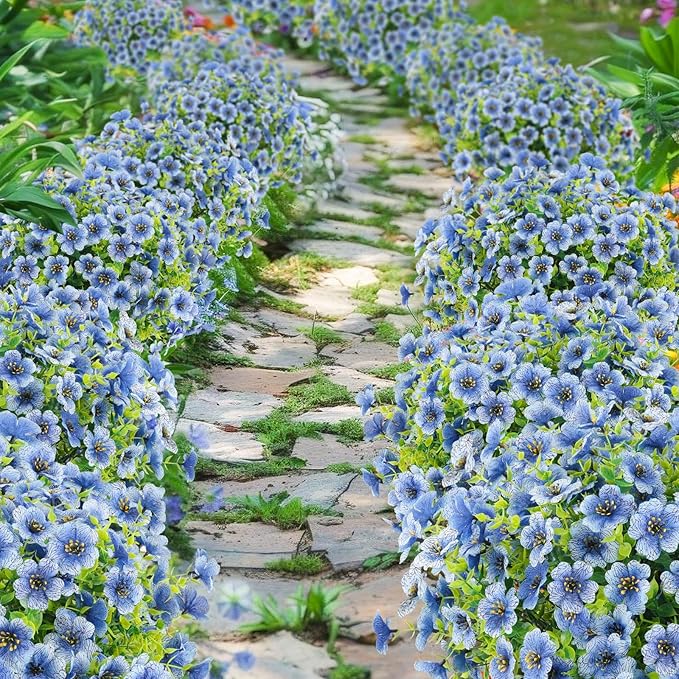 ATTGREAT Artificial Flowers Outdoor Faux Plants UV Resistant Fake Patio Flowers Plastic Greenery Plnats Outside Bulk for Spring Garden Hanging Planter Home Vase Decor, 12 Bundles (Blue)