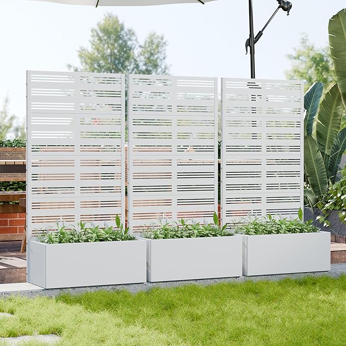 Casaphoria Metal Raised Garden Bed with Trellis, 59"x30"x12" Planter Box for Climbing Plants, Vegetables & Vines, Features Drainage Holes and Privacy Screen, White-Harold