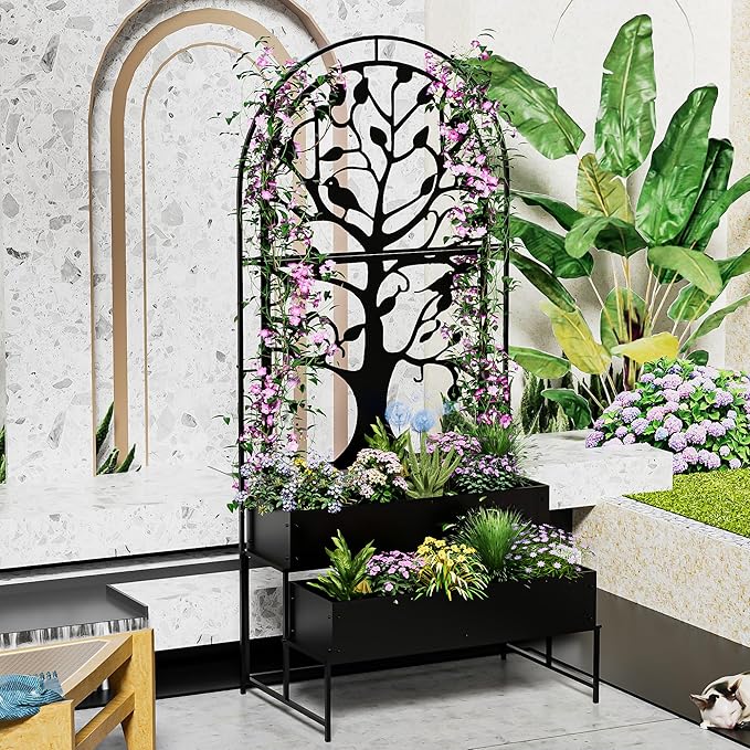 Arched Outdoor Planter Box with Trellis Set of 2 for Climbing Plants, 2 Tiers Metal Privacy Planters for Patio, Raised Garden Bed with Legs, for Vegetables, Balcony, 75.2 x 22 x 34.6 Inch, 2PCS, Black