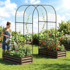 SUNYRISY Galvanized Raised Garden Bed with 87" H Arch Trellis for Climbing Plants Outdoor, Metal Planter Box with Netting for Gardening Flowers Vegetables Fruit, Wood Grain