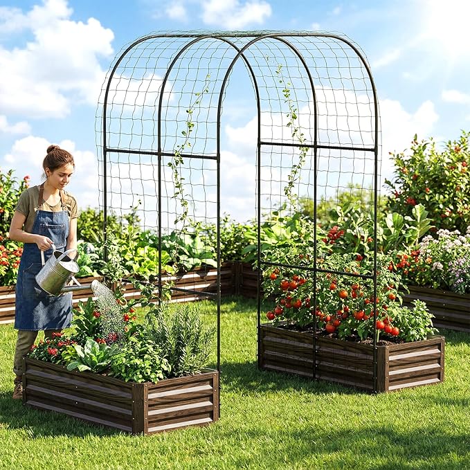 SUNYRISY Galvanized Raised Garden Bed with 87" H Arch Trellis for Climbing Plants Outdoor, Metal Planter Box with Netting for Gardening Flowers Vegetables Fruit, Wood Grain