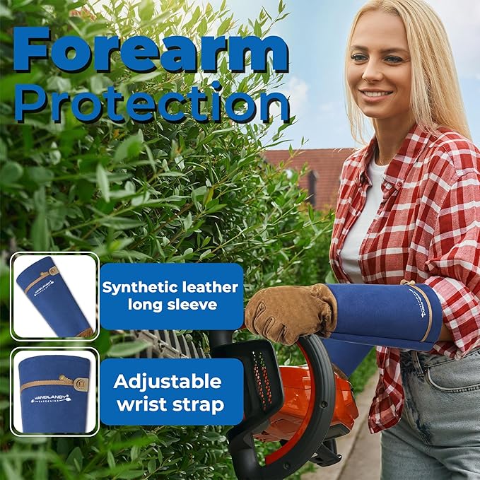 HANDLANDY Long Gardening Gloves for Men & Women, Pigskin Leather Rose Pruning Gloves, Breathable Thorn Proof Gauntlet Glove (Blue, L)