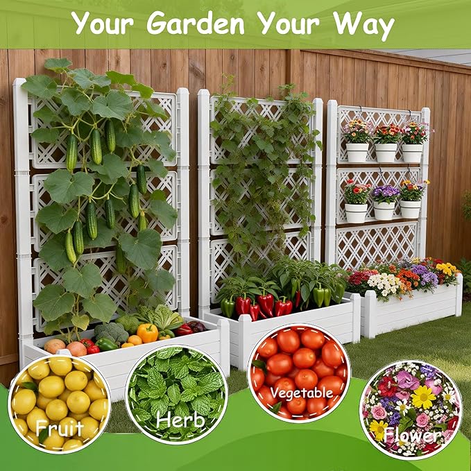 5' Tall Raised Garden Bed with Trellis, Self Watering Planter Box for Outdoor Climbing Plants Resin Garden Lattice for Vegetables, Flowers, Tomato & Vine with Drainage Holes (Ashen, 3 Pack)