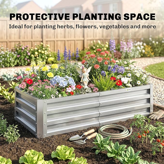 Outsunny Galvanized Raised Garden Bed, 4' x 2' x 1' Metal Planter Box, for Growing Vegetables, Flowers, Herbs, Succulents, Silver