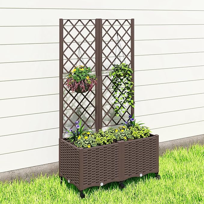 Outsunny Planter Box with Trellis, Self Watering Raised Garden Bed with Lockable Wheels, Privacy Trellis Planter with Drainage Holes for Climbing Plants, Vegetables, Flowers, 56.3", Brown