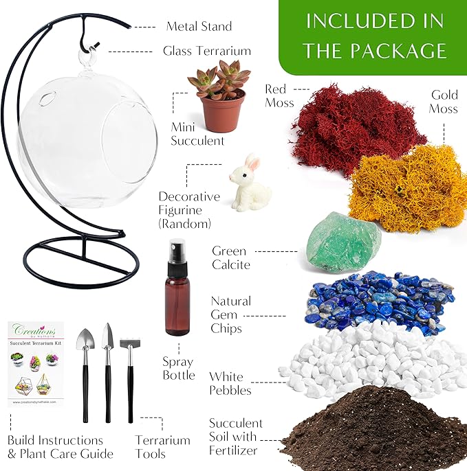 Creations by Nathalie - 5" Glass Globe Succulent Terrarium Kit, Hanging DIY Starter Kit for Kids and Adult, Metal Stand, Reindeer Moss, Crystal & Rocks, Tools, Figurine (Live Plant Included)