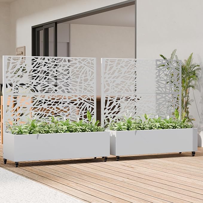 Casaphoria Metal Raised Garden Bed with Trellis and Wheels, 47"x47"x16" Planter Box for Climbing Plants, Vegetables & Vines, Features Drainage Holes and Privacy Screen, White-Net