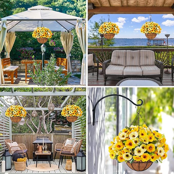 Ouddy Decor Artificial Hanging Flowers with Basket, Fake Silk Hanging Flowers in Coconut Lining Basket Faux Hanging Plants for Outdoor Indoor Spring Garden Porch Home Decor, Yellow