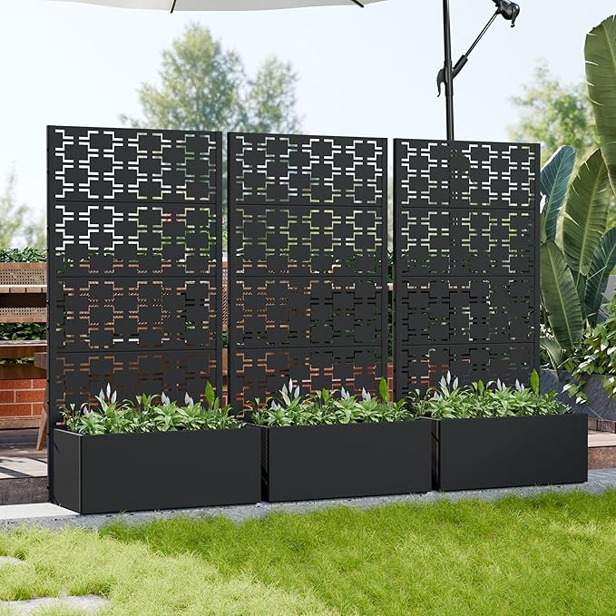 Casaphoria Metal Raised Garden Bed with Trellis, 59"x30"x12" Planter Box for Climbing Plants, Vegetables & Vines, Features Drainage Holes and Privacy Screen, Black-Brick