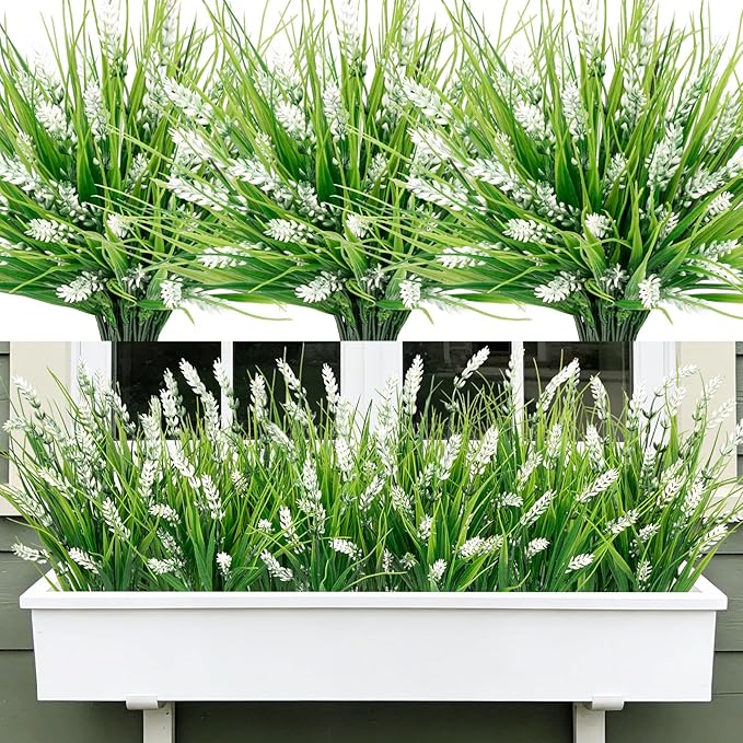 Roberly 24 Bundles Artificial Plants Outdoor, Fake Lavender Flowers UV Resistant Faux Shrubs Plastic Flowers Fake Greenery Plants for Porch Garden Window Box Home Indoor Outdoor Decorations, White