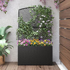 HAPPYGRILL Raised Garden Bed with Trellis, 49" Wicker Planter Box w/Privacy Screen, Liner, Drainage for Patio Balcony, Outdoor PE Rattan Elevated Garden Bed for Climbing Plant Vine Flower (Black,1)