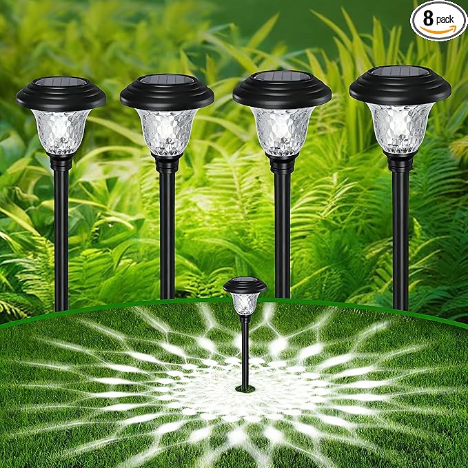 BEAU JARDIN 8 Pack Solar Pathway Lights White+Color Changing Stainless Steel 3 Mode Outdoor Multicolor Metal Solar Powered Waterproof Glass for Garden Landscape Path Yard Walkway Driveway Black