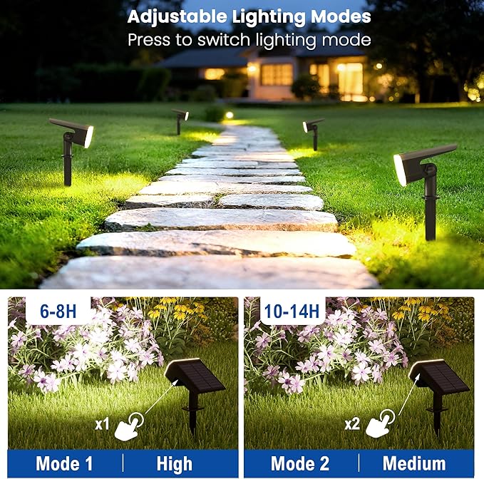 Solar Lights Outdoor Waterproof IP65,Auto On/Off, 6000K 2 Lighting Modes, Super Bright LED, Solar Powered Yard Garden Solar Spot Lights for Outside Landscape -6 Pack