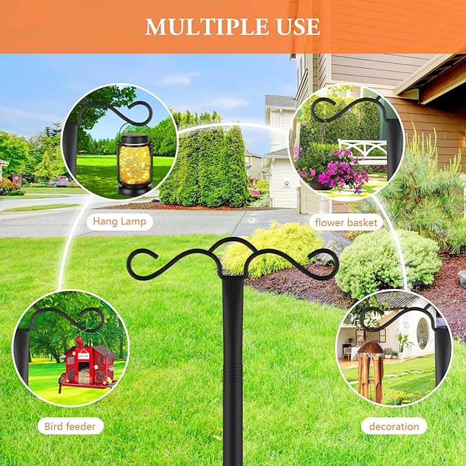 SINLEY Double Shepherds Hook for Outdoor with 5 Prong Base Heavy Duty Two Sided Bird Feeder Pole for Hanging Lantern,Hummingbird Feeder,Lightweight Plant,Shepherds Hook (4 Pack 90 inch)
