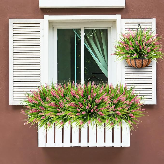 Sggvecsy 12 Bundles Artificial Plants Outdoor Faux Lavender Flowers Fake Monkey Grass UV Resistant Plastic Greenery Plants for Garden Home Porch Window Patio Hanging Planter Indoor Decor(Pink)