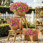 SHareconn 24 Bundles Artificial Flowers for Outdoors Decoration, Faux Plants Fake Silk Colorful Daisy Eucalyptus Lavender, UV Resistant for Outside Home Indoor Spring Decor, RedRosyPurpleYellowOrange