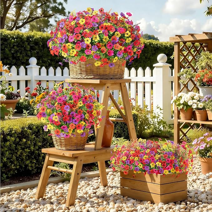 SHareconn 24 Bundles Artificial Flowers for Outdoors Decoration, Faux Plants Fake Silk Colorful Daisy Eucalyptus Lavender, UV Resistant for Outside Home Indoor Spring Decor, RedRosyPurpleYellowOrange