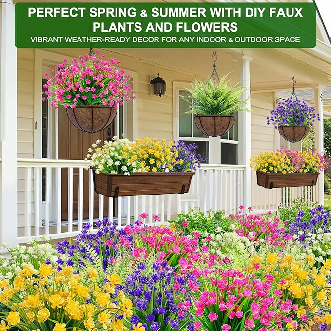 TURNMEON 20 Bundles Artificial Flowers for Outdoors, Spring Grass Camellia Fake Flowers Plastic Plants, UV Resistant No Fade Faux Greenery for Gardens Porch Yards Cemetery Summer Decor 500 Heads(Pink)