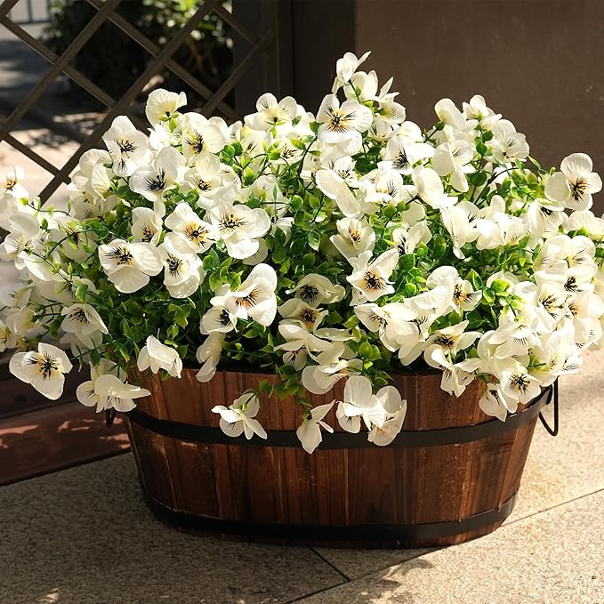 Artificial Flowers for Outdoor, UV Resistant Fake Silk Pansies Flowers, Realistic Faux Plants for Outside Indoor Porch Patio Window Box Planter Home Decor (16, White)