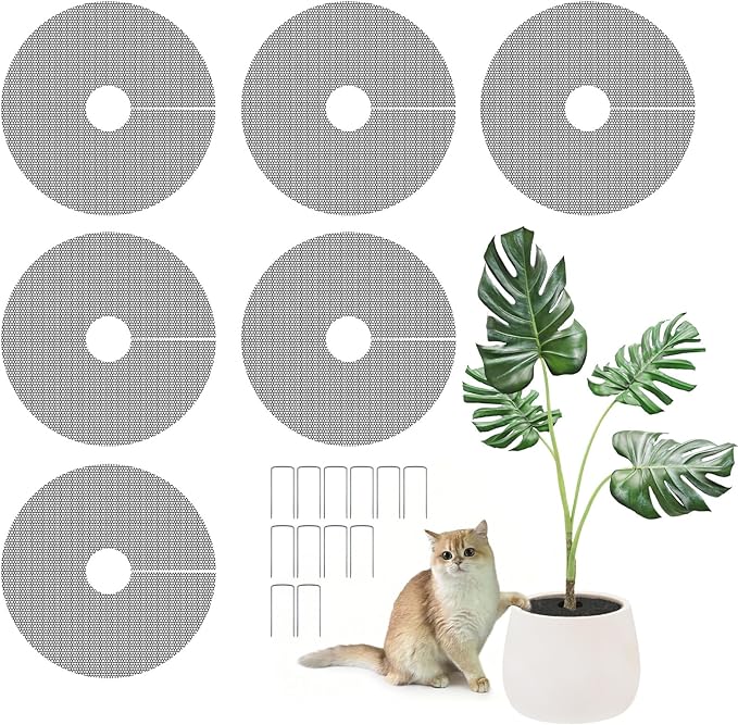 PEDPOPO 6pcs Plant Pot Grids, Thickened Plastic Plant Pot Cover Cat Digging Stopper with Stakes, 11.8 in Plant Protector from Cats Indoor, Potted Guard Cover Easy to Cut Anti Digging for Dogs