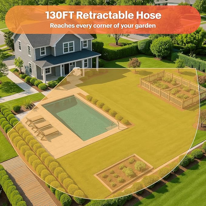 Ayleid Retractable Garden Hose Reel,1/2 in x 130 ft Wall Mounted Hose Reel, with 9- Function Sprayer Nozzle, Any Length Lock/Slow Return System/Wall Mounted/180°Swivel Bracket (Gray)