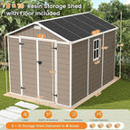 UDPATIO Outdoor Resin Storage Shed 8 x 10 FT, Plastic Storage Shed with Floor Large Outdoors Garden Tool Storage Shed Outside Clearance Shed with Lockable Door for Bike, Backyard, Patio, Brown
