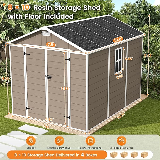 UDPATIO Outdoor Resin Storage Shed 8 x 10 FT, Plastic Storage Shed with Floor Large Outdoors Garden Tool Storage Shed Outside Clearance Shed with Lockable Door for Bike, Backyard, Patio, Brown