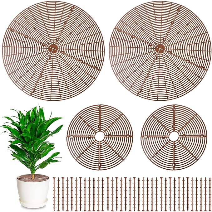 Newtay 4 Pcs Plant Pot Grid Soil Protector Covers Cuttable Flower Protector from Animals Cat Squirrel Digging Stopper Plant Pot Cover with Stake for Indoor Outdoor Gardening (20.5 +11.8 Inch,Brown)