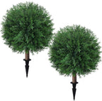 Artificial Cedar Topiary Ball Trees for Outdoor Set of 2 Fake Plant Bushes with Ground Spike UV Resistant Faux Shrubs for for Garden Front Porch, Green