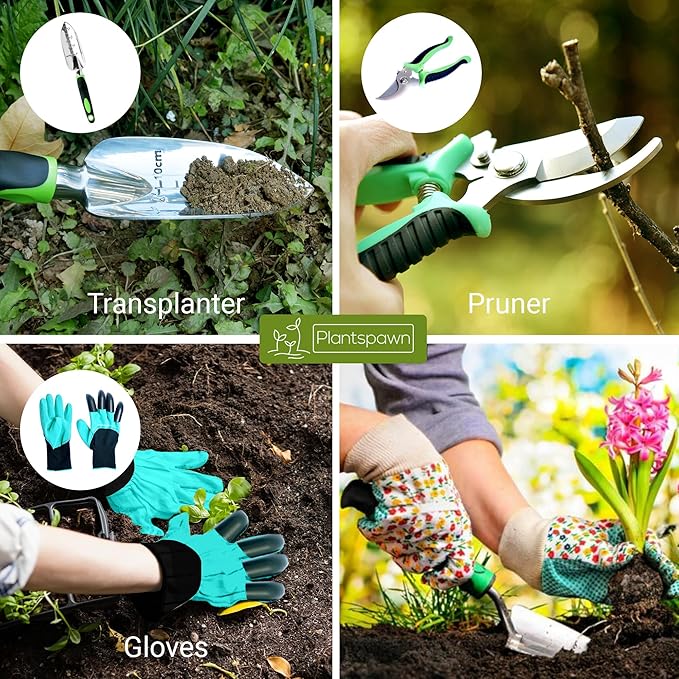8 PCS Gardening Tools Set with Bag | Heavy-Duty Rust-Proof Hand Tools, Plastic Handles, 15 Plant Tags Included | Garden Tools, Gardening Essentials, Garden Supplies Gift for Men, Women & Gardeners