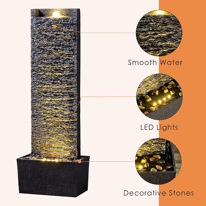 Water Fountain Outdoor, Floor Standing LED Illuminated Water Flow Elegant Water Fountain Pump 38.5" with Pebble Base for Garden, Patio and Yard (24372)
