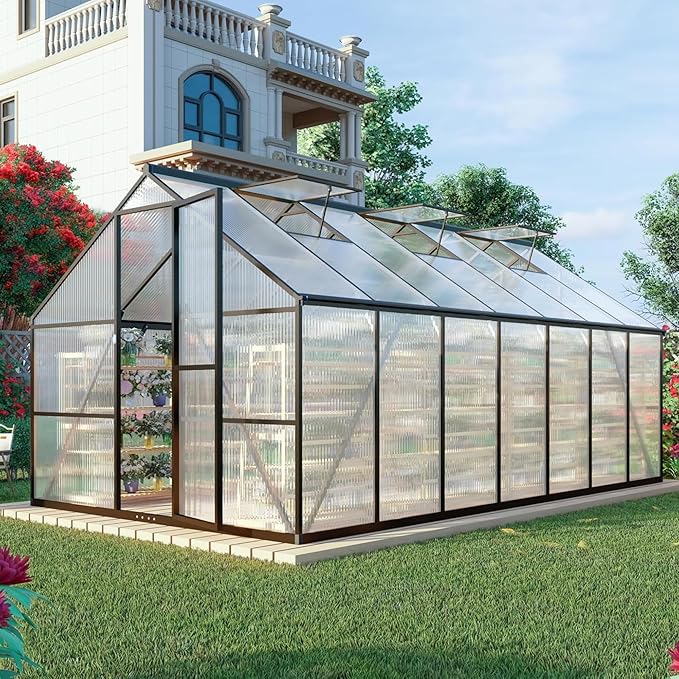 8x14 FT Greenhouse for Outdoors, Polycarbonate Greenhouse with Quick Setup Structure and Roof Vent, Aluminum Large Walk-in Green House for Outside Garden Backyard, Dark Gray