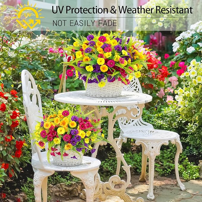 Artificial Flowers for Outdoors 12 Bundles Artificial Petunias Fake Flowers UV Resistant Shrubs Plants with Fern for Indoor Outside Hanging Planters Home Garden Spring Summer Decorations