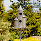 Zaer Ltd. Large Silver Colored Multi-Birdhouse Stakes, Room for 4 Bird Families in Each (Tall Triple Cylinder Homes (Silver Color))